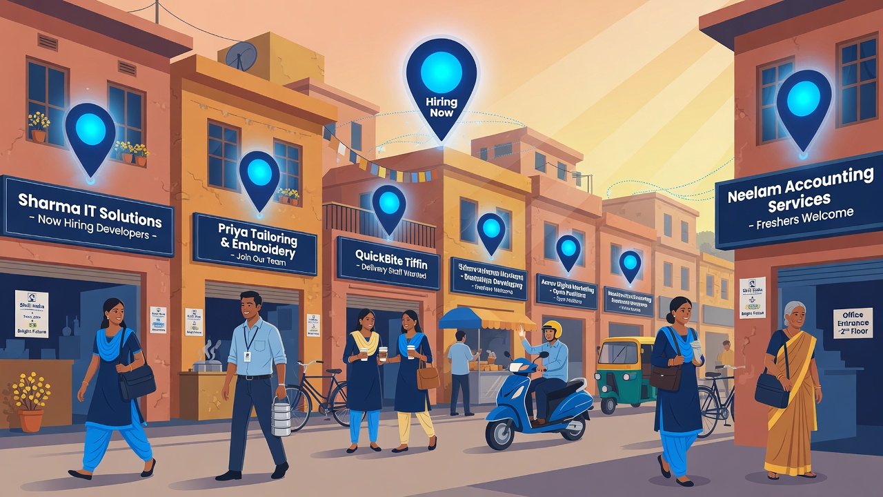 Indian city street with glowing map pins above shops and offices — JobPata local hiring vision